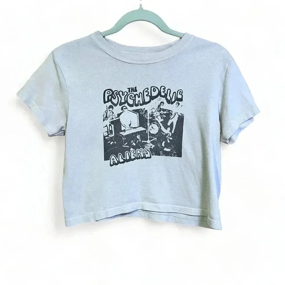 John Galt Womens Beige The Psychedelic Aliens Cropped Band Tee Sz M/L Distressed